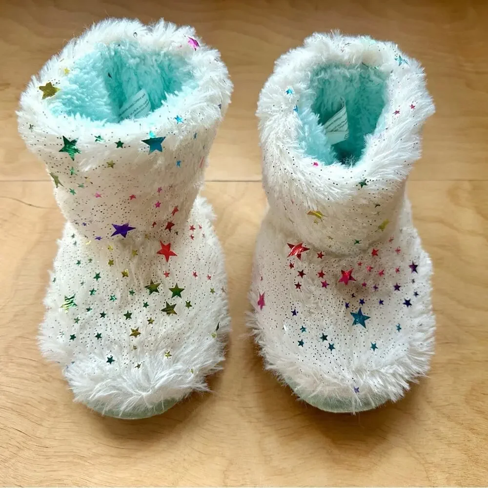Dearfoams Toddler Slipper Boots Size S 9-10 White Faux Fur Star Cozy